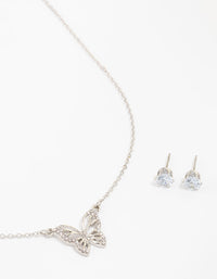 Silver Cubic Zirconia Butterfly Necklace & Stud Earrings Necklace & Stud Earrings Set - link has visual effect only