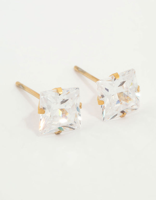 Waterproof Gold Plated Stainless Steel Princess Cut Cubic Zirconia Stud Earrings