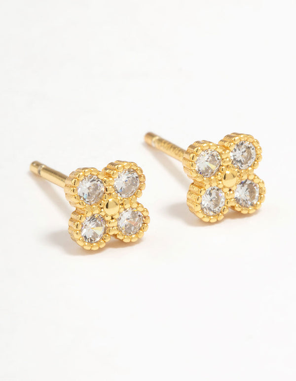 Gold Plated Sterling Silver Cubic Zirconia Clover Stud Earrings