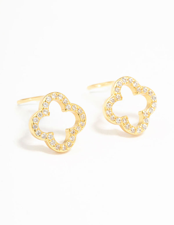 Gold Plated Sterling Silver Cubic Zirconia Clover Stud Earrings