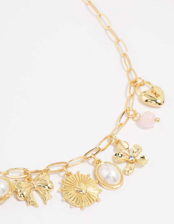 Gold Plated Pink Bead & Pearl Charm Necklace