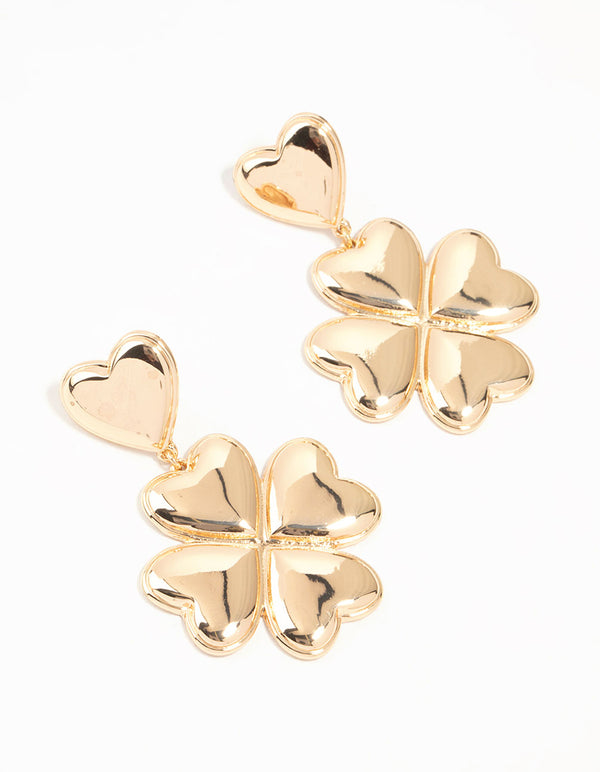 Gold Heart Clover Drop Earrings