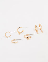 Gold Cubic Zirconia Heart & Twisted Huggie Earrings 3-Pack - link has visual effect only