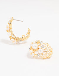 Gold Plated Diamante & Pearl Flower Hoop Earrings - link has visual effect only