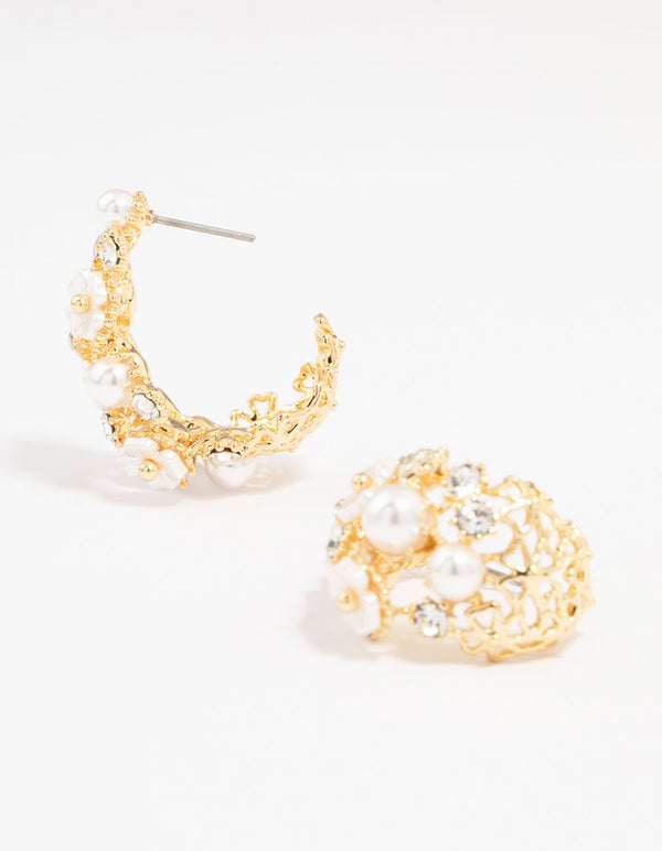 Gold Plated Diamante & Pearl Flower Hoop Earrings