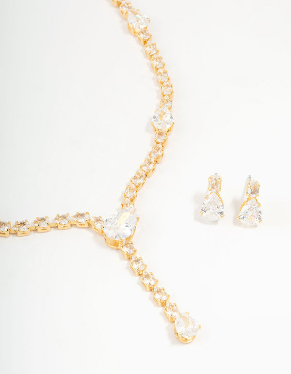 Gold Plated Cubic Zirconia Teardrop Necklace & Earrings Set