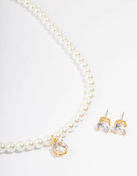 Gold Plated Pearl & Cubic Zirconia Necklace & Earring Set - link has visual effect only