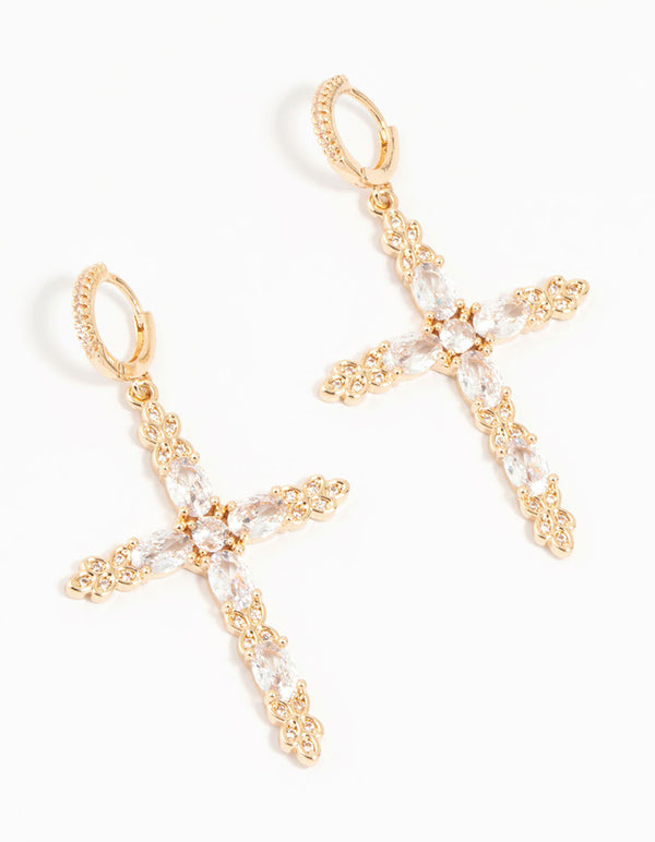 Gold Cubic Zirconia Cross Drop Earrings