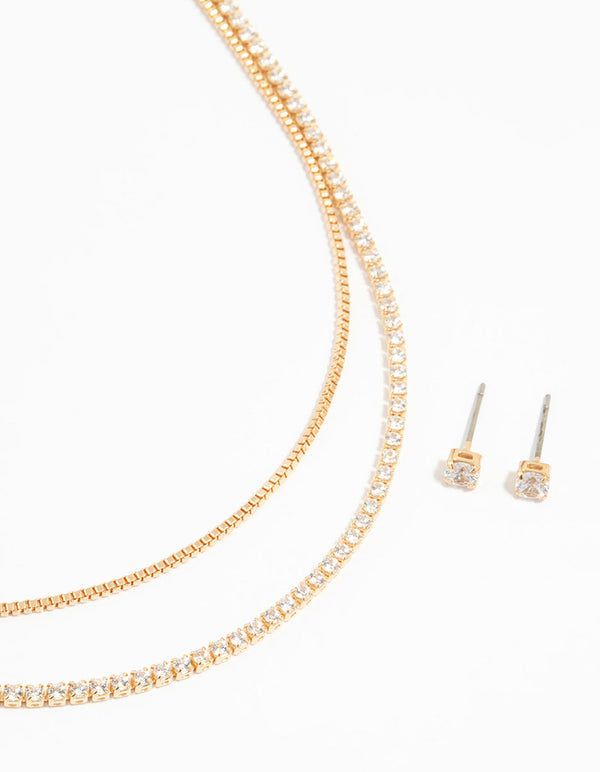 Gold Cubic Zirconia Earrings & Layered Necklace Set