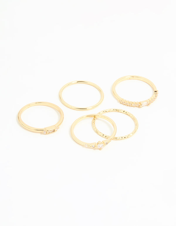 Gold Plated Cubic Zirconia & Plain Rings 5-Pack