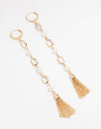 Gold Diamante Pearl Long Tassel Drop Earrings - link has visual effect only