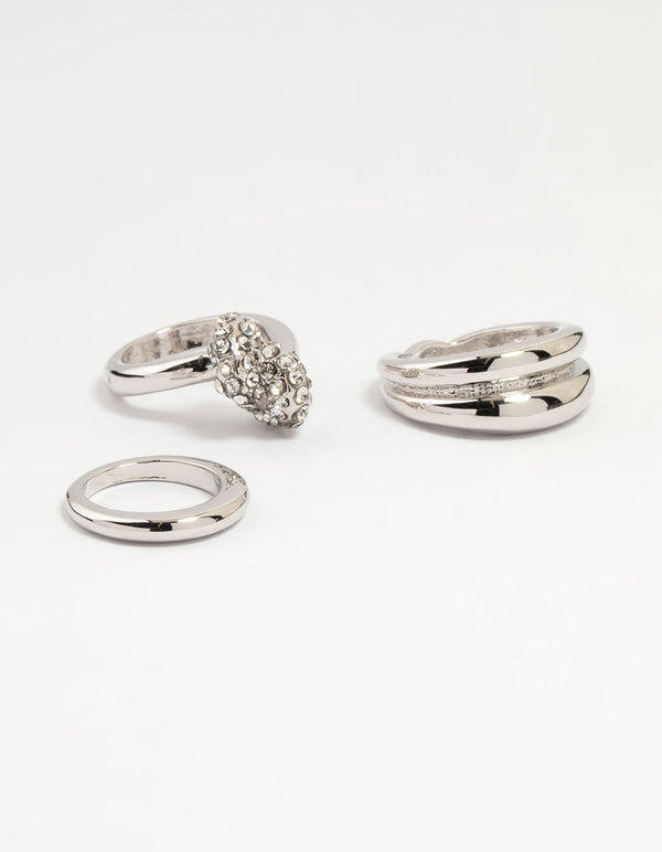 Silver Diamante Pavé & Knotted Stacking Rings 3-Pack
