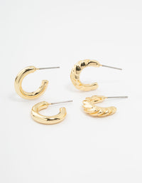 Gold Plated Plain & Textured Hoop Earrings 2-Pack - link has visual effect only