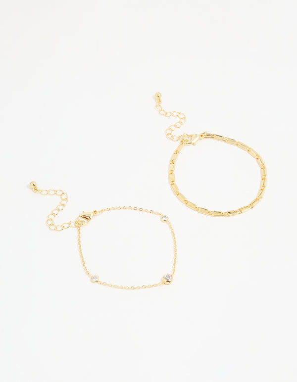 Gold Plated Cubic Zirconia & Chain Bracelets 2-Pack