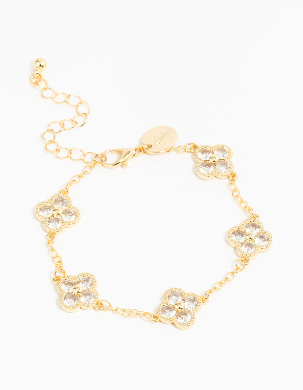Gold Plated Cubic Zirconia Statement Flower Bracelet