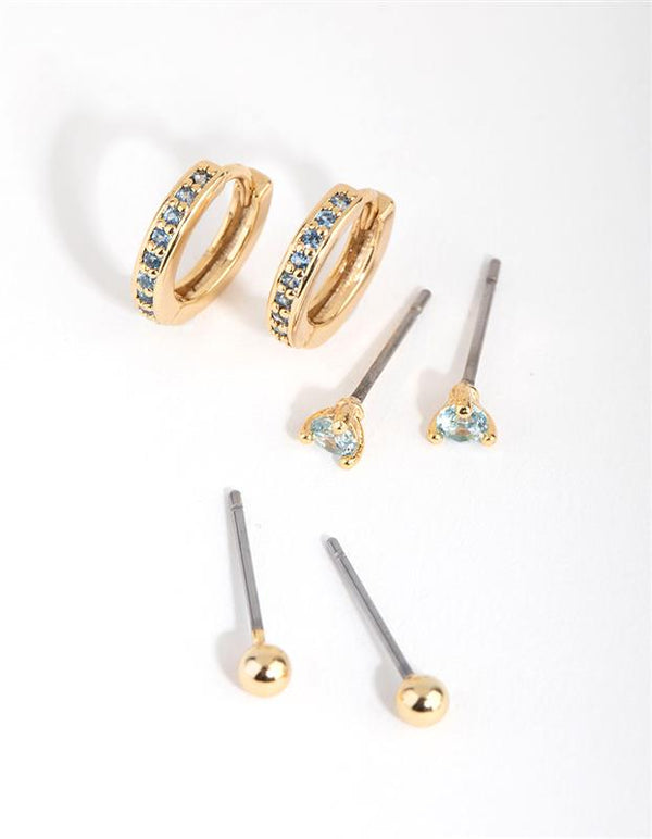 18ct Gold Plated Aquamarine Cubic Zirconia March Earring Pack