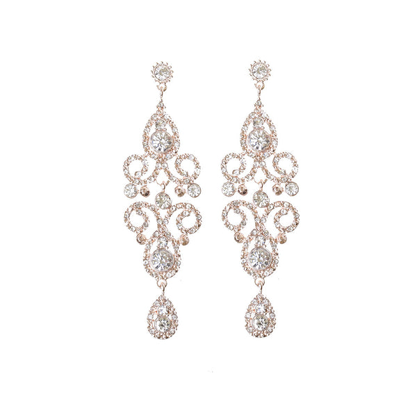 Rose Gold Crystal Bead Filigree Swirl Chandelier Earrings