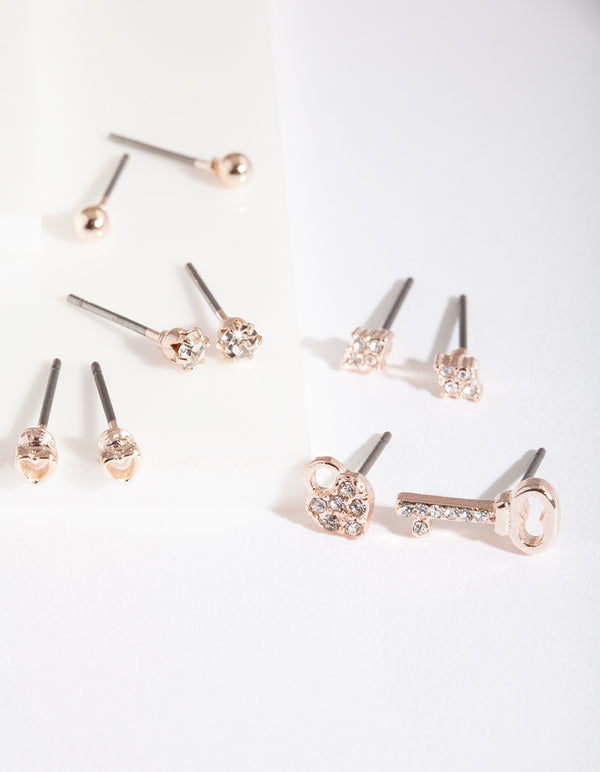 Rose Gold Lock Key Earring 5-Pack