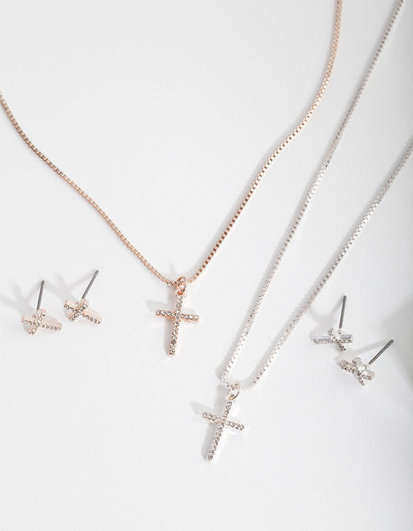 Mixed Metal Diamante Cross Jewellery Set