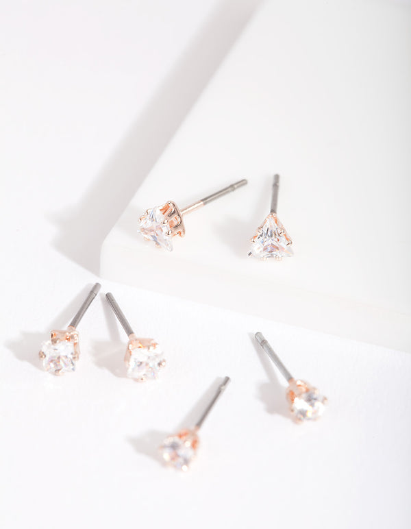 Rose Gold Cubic Zirconia Geometric Stud Earring Pack