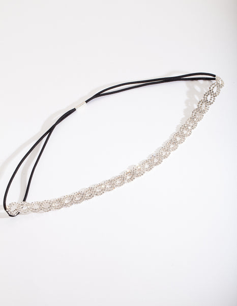 Silver Diamante Black Elastic Headband