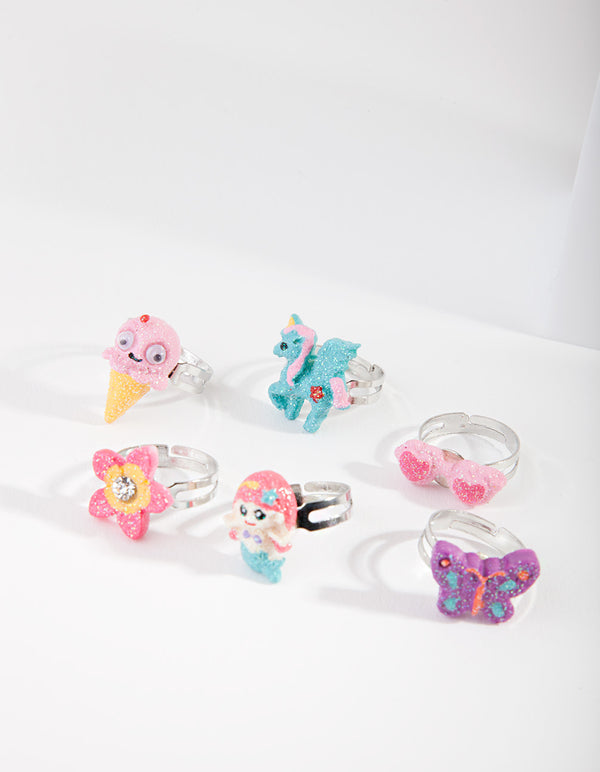 Kids Silver Mermaid & Unicorn Ring 6-Pack