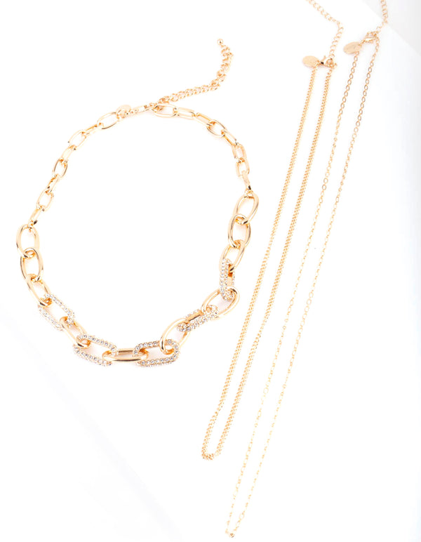 Gold Diamante Link Multirow Necklace - Lovisa