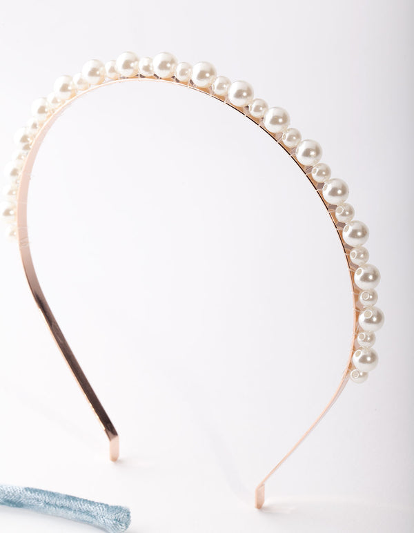 Rose Gold Pearl Blue Velvet Headband Pack - Lovisa