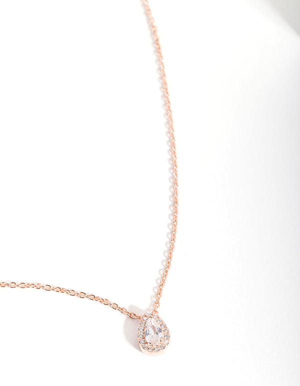 Rose Gold Plated Sterling Silver Cubic Zirconia Pear Halo Necklace - Lovisa
