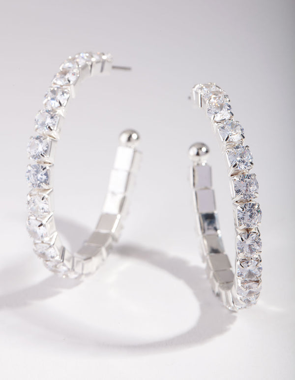 Silver Cubic Zirconia Medium Hoop Earrings