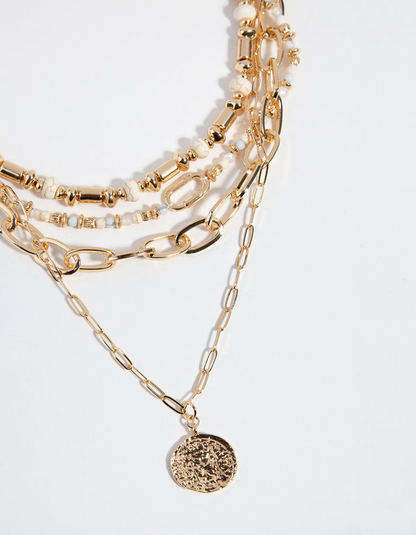 Gold Chain & Bead 4 Row Necklace