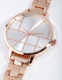 Rose Gold Geometric Lines Link Watch - link has visual effect only