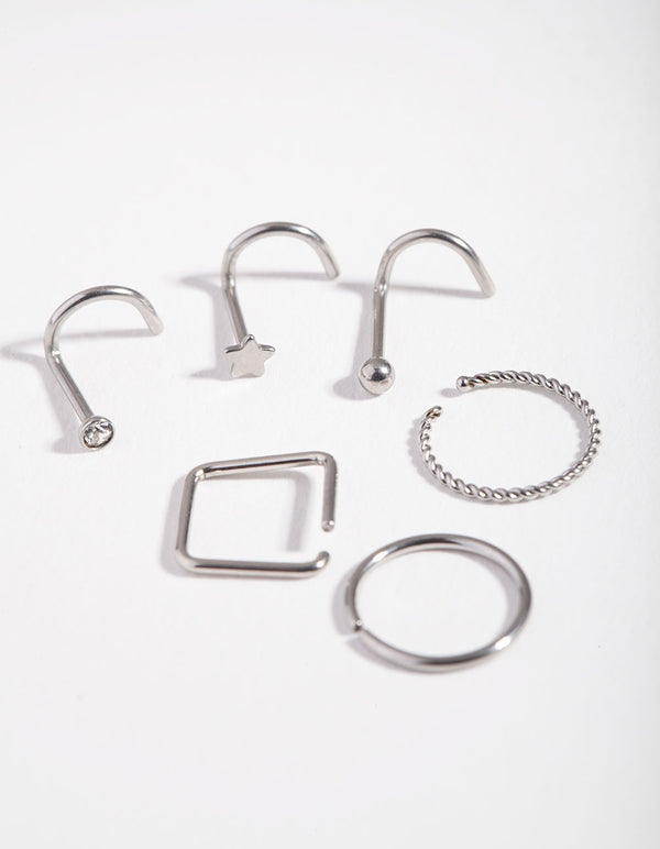 Surgical Steel Rhodium Twist Square Nose Stud 6-Pack