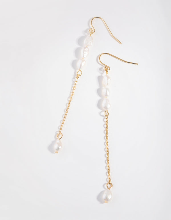 Gold Plated Four Freshwater Pearl Long Chain Earrings