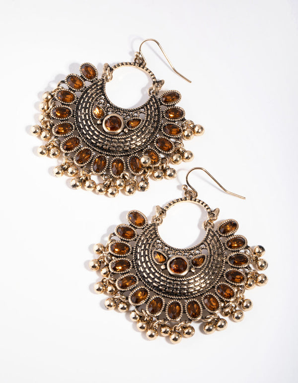 Burnished Gold Statement Diamante Fan Drop Earrings