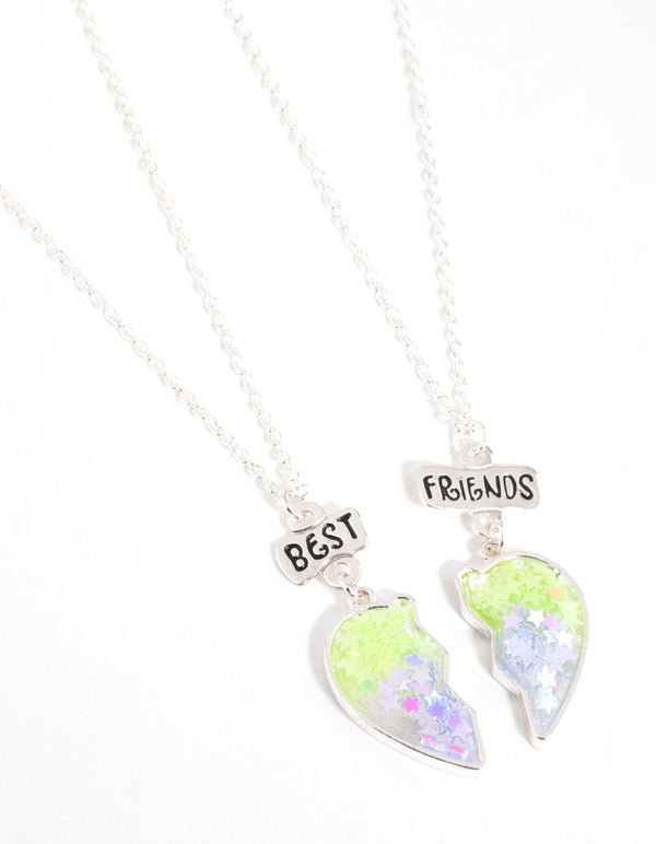 Silver Green Glitter Heart Best Friend Necklace - Lovisa