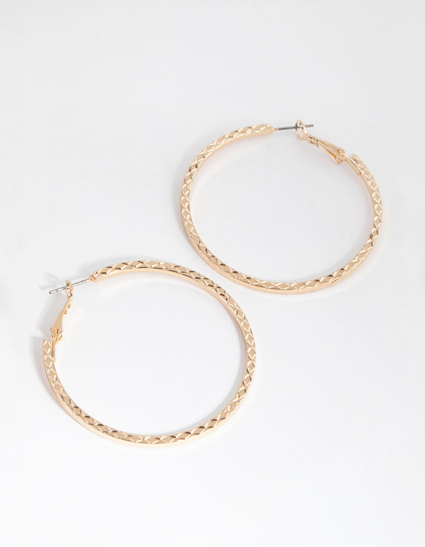 Gold Side Diamond-Cut Hoop Earrings