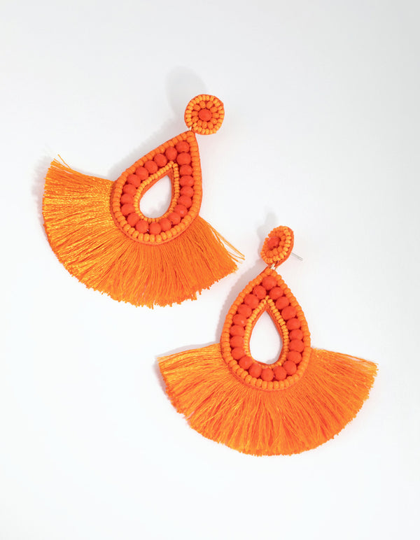 Orange Thread Fan Beaded Drop Earrings