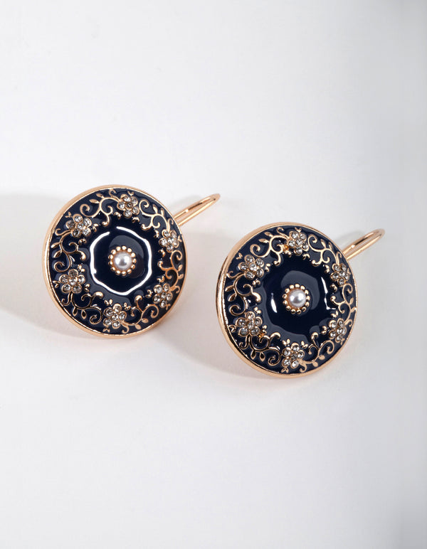 Gold Enamel Decorated Dome Earrings