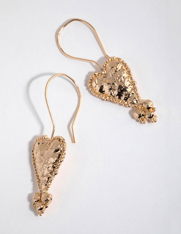 Worn Gold Hammered Heart Drop Earrings