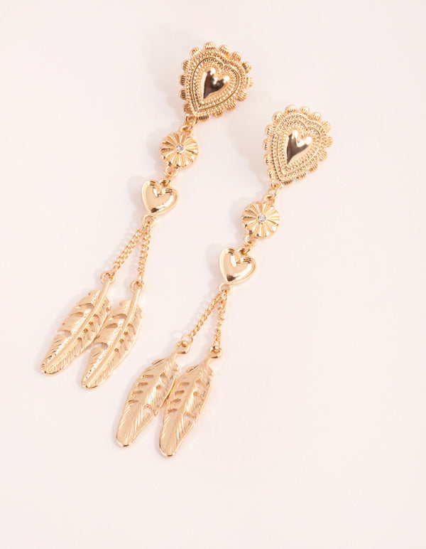 Gold Heart & Feather Drop Earrings