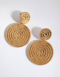 Gold Round Textured Disc Drop Earrings - link has visual effect only