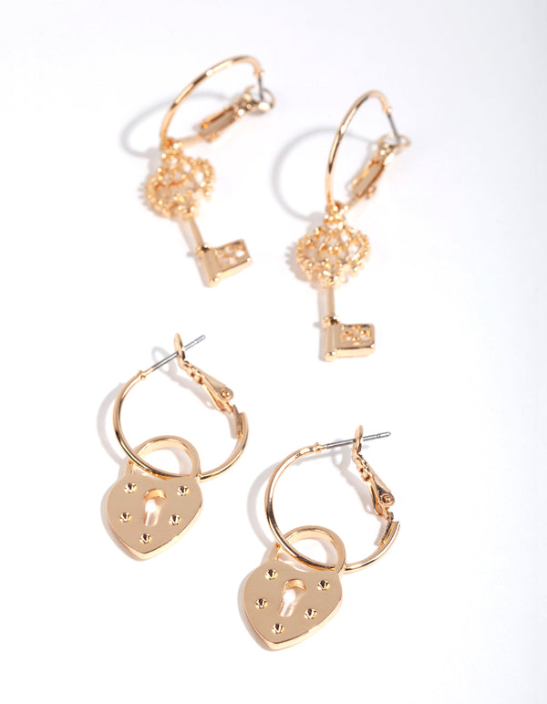 Gold Heart Lock & Key Hoop Earring Pack