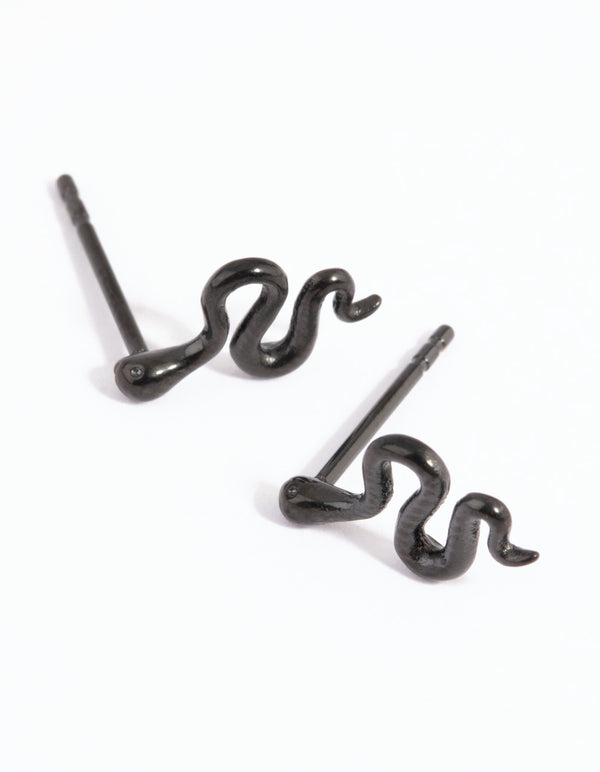 Matte Black Polished Snake Stud Earrings