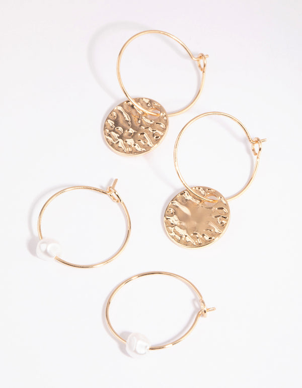 Gold Crater & Pearl Earring Set