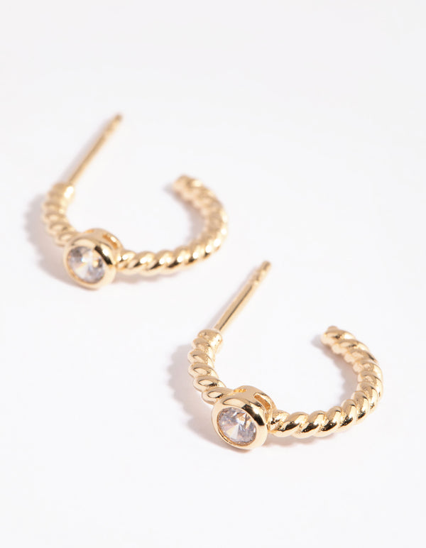 Gold Plated Sterling Silver Diamante & Twist Hoop Earrings