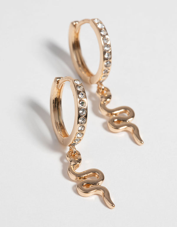 Gold Snake & Diamante Huggie Hoop Earrings