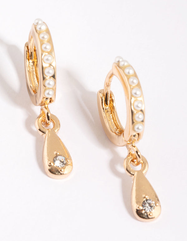 Gold Huggie Hoop Earrings with Pearls