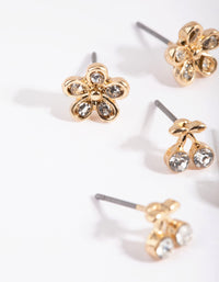 Gold Cherry & Flower Diamante Stud Earring Pack - link has visual effect only