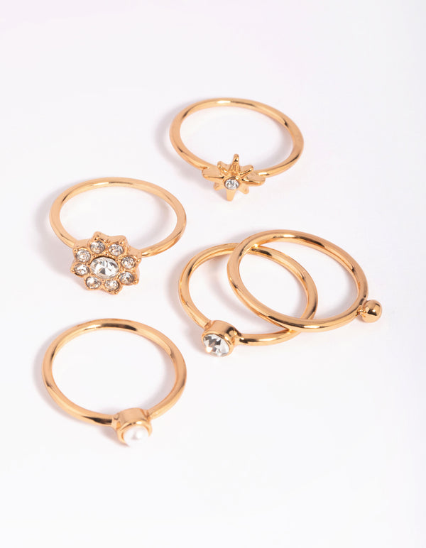 Gold Pearl & Diamante Ring 6-Pack